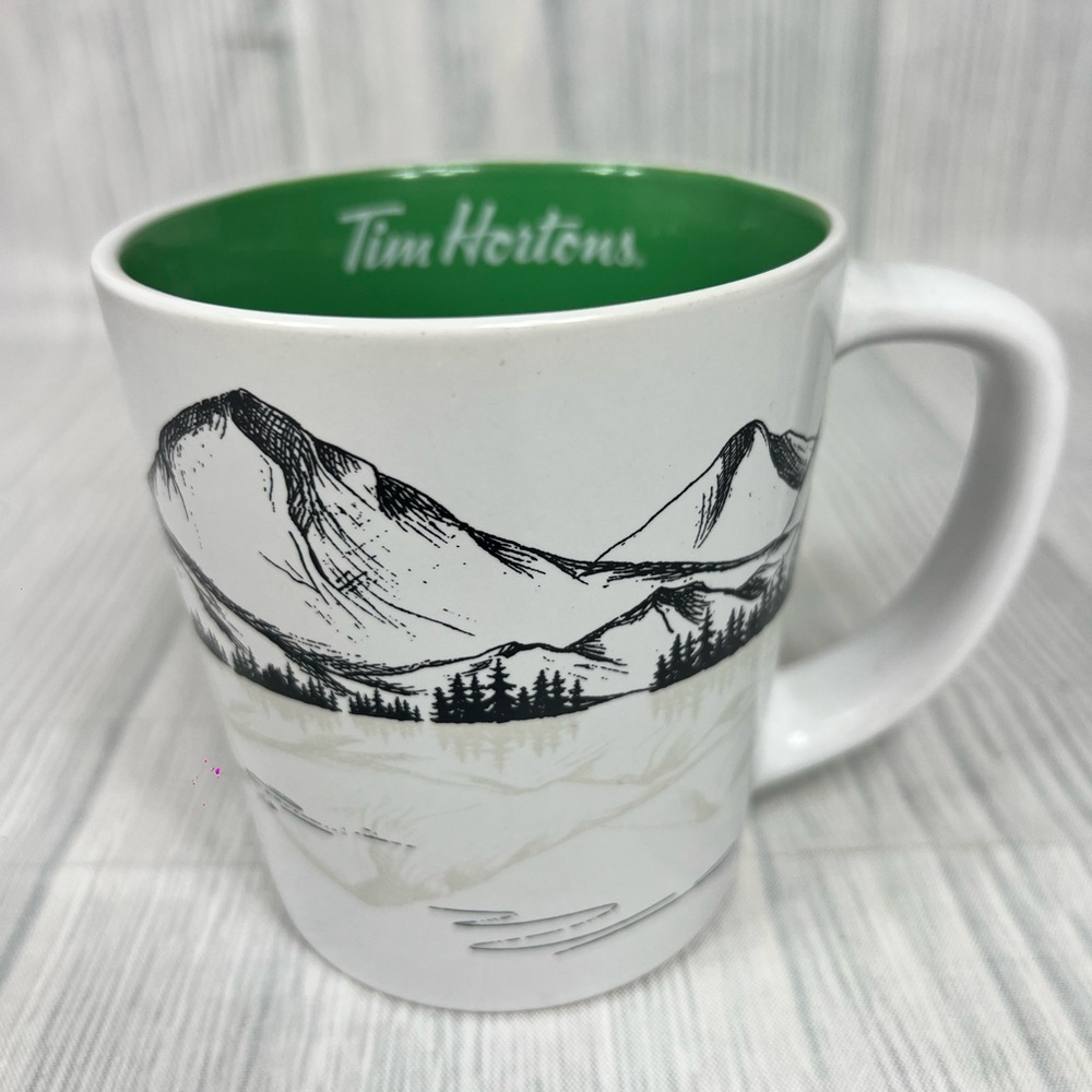 RARE Tim Hortons Limited Edition 2018 Coffee Mug Cup Green Boat Mountains Lake